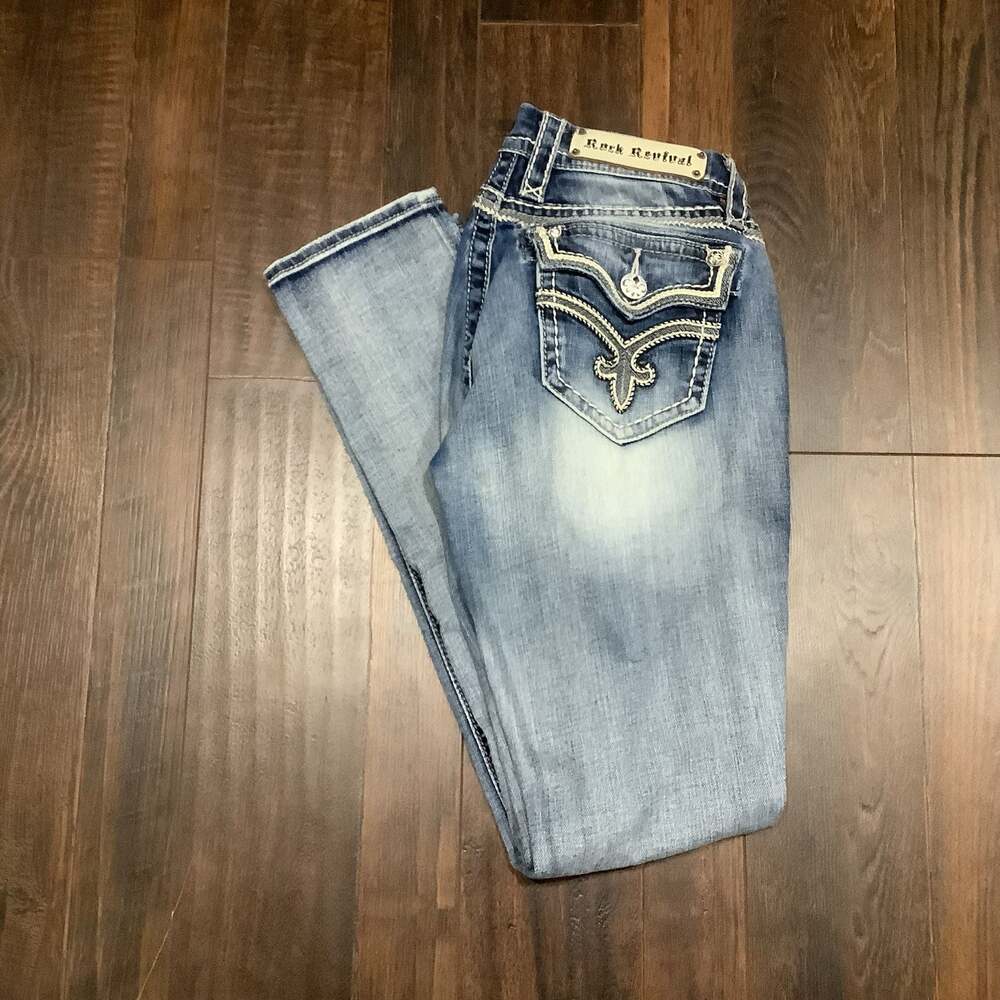 Rock Revival Women's Mid-Rise Ashley Jeans with Ornate Back Pocket Embroidery